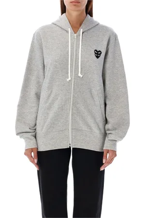 Comme des Garçons Sweatshirts & Hoodies, Dames, Grijs, L, Katoen, Grijze Gebreide Hoodie Met Rits Dubbel-Hart Patch