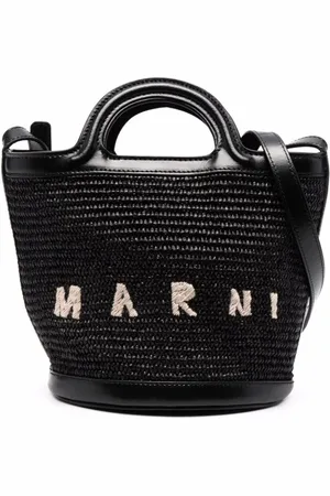 Marni Tassen, Dames, Zwart, ONE Size, Zwarte Stro/Leren Tas met Geborduurd Logo