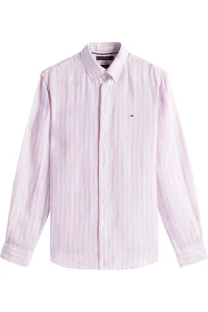Tommy Hilfiger Overhemden, Heren, Roze, L, Linnen, Klassieke Roze Gestreepte Linnen Overhemd