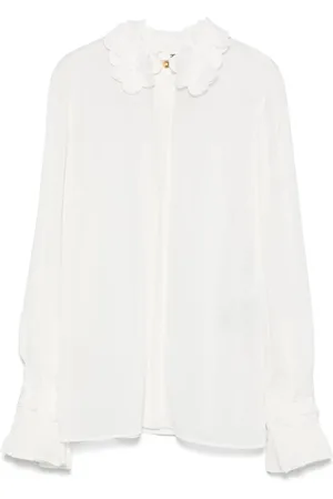 Elisabetta Franchi Blouses & Shirts, Dames, , S, Geborduurde Witte Overhemd met Gerimpelde Zoom