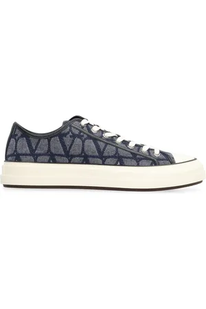 VALENTINO GARAVANI Schoenen, Heren, Blauw, 44 EU, Katoen, Iconographe lage sneakers met leren afwerking