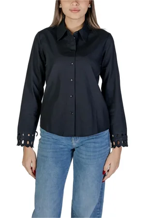 JACQUELINE DE YONG Blouses & Shirts, Dames, Zwart, S, Katoen, Zwarte Eyelet Manchet Turtleneck Shirt
