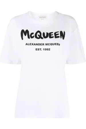 Alexander McQueen Tops, Dames, Wit, 3Xs, Katoen, Graffiti Logo Crewneck T-shirt