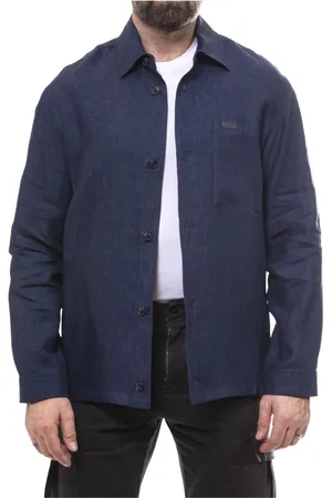 FAY Jassen, Heren, Blauw, XL, Linnen, Vervaagde Linnen Overhemdjasje met Zakken