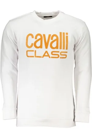 Roberto Cavalli Sweatshirts & Hoodies, Heren, Wit, XL, Geborstelde Sweatshirt met Print Logo