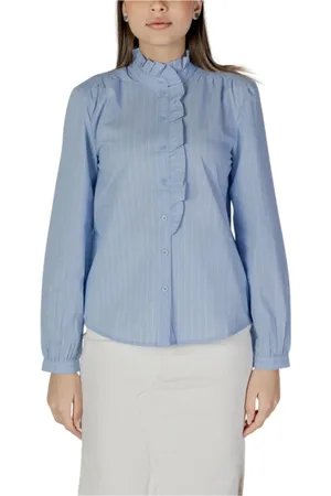 JACQUELINE DE YONG Blouses & Shirts, Dames, Blauw, S, Katoen, Pinstripe Ruffle Neck Blouse