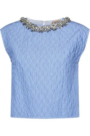 Nº21 Blouses & Shirts, Dames, Blauw, L, Katoen, Heldere Blauwe Gestreepte Crop Top met Kristallen