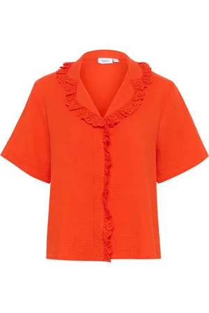 Saint Tropez Blouses & Shirts, Dames, Oranje, L, Katoen, Bloemen Ruche Overhemdblouse