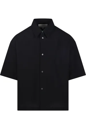 STUDIO NICHOLSON Overhemden, Heren, Zwart, L, Katoen, Zwarte Boxy Korte Mouw Shirt