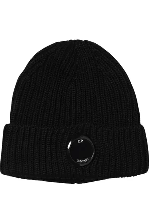 C.P. Company Accessoires, Heren, Zwart, ONE Size, Blauwe Ribgebreide Beanie met Lens
