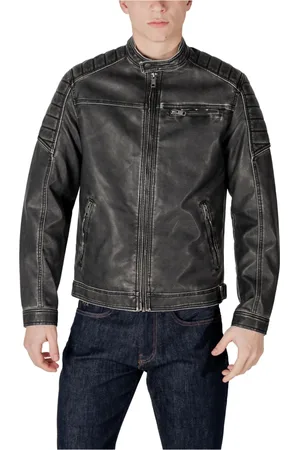 JACK & JONES Jassen, Heren, Zwart, XL, Leer, Zwarte Bikerjas met Turtleneck