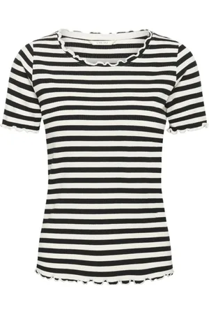 Cream Tops, Dames, Zwart, 2Xl, Gestreept T-shirt met Gekrulde Randen