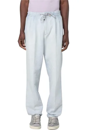 Brunello Cucinelli Jeans, Heren, Blauw, M, Linnen, Blauwe Linnen Trekkoord Casual Broek