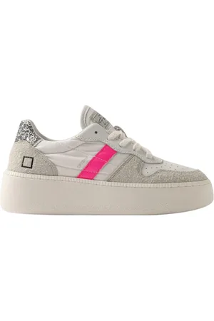 D.A.T.E. Schoenen, Dames, Wit, 36 EU, Katoen, Platform Court Sneakers met fluorescerende roze details