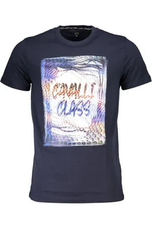 Roberto Cavalli Tops, Heren, Blauw, 2Xl, Katoen, Blauw Katoenen Bedrukt Logo T-Shirt