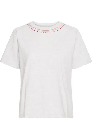 Ichi Tops, Dames, Grijs, S, Geborduurd T-shirt Lichtgrijs Melange