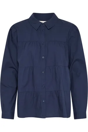 Cream Blouses & Shirts, Dames, Blauw, 2Xl, Katoen, Navy Blazer Shirt met Ruches