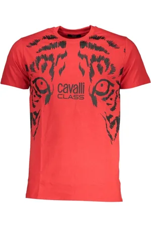 Roberto Cavalli Tops, Heren, Rood, L, Katoen, Rode Katoenen Print Logo T-Shirt