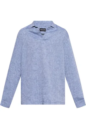 Giorgio Armani Overhemden, Heren, Blauw, M, Linnen, Linnen shirt