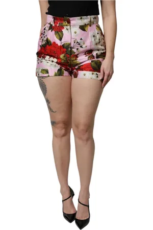 Dolce & Gabbana Korte broeken, Dames, Veelkleurig, M, Katoen, Roze Bloemen Hoge Taille Hotpants