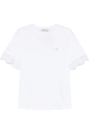Twin-Set Tops, Dames, Wit, L, Katoen, Wit Katoenen T-Shirt met Macramé