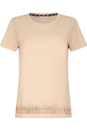 Liu Jo Tops, Dames, Wit, S, Katoen, Beige Katoen Ronde Hals Korte Mouw T-Shirt