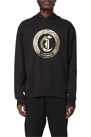 Roberto Cavalli Sweatshirts & Hoodies, Heren, Zwart, L, Gouden Logo Hoodie Stijlvol Sweatshirt