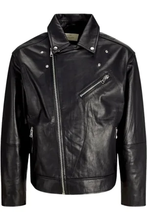 JACK & JONES Jassen, Heren, Zwart, L, Leer, Zwarte leren motorjas