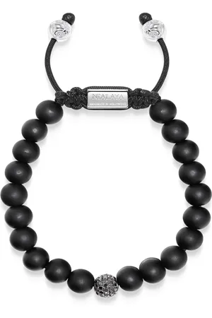 Nialaya Accessoires, Heren, Grijs, L, Nylon, Zwarte Diamanten Kralenarmband met Matte Onyx