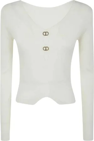 Twin-Set Truien, Dames, Wit, L, Wit V-hals Sweatshirt met Strass Logo