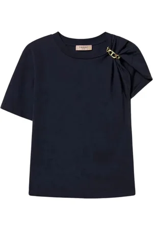 Twin-Set Tops, Dames, Blauw, M, Katoen, Asymmetrisch Kettingmotief T-Shirt
