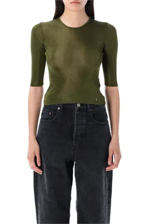 Saint Laurent Truien, Dames, Groen, L, Doorschijnende Gebreide Top Ronde Hals Korte Mouwen