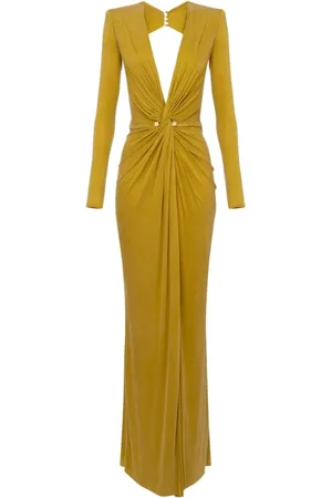 Elisabetta Franchi Kleedjes, Dames, Groen, M, Lange Gedrapeerde Jurk met V-Hals