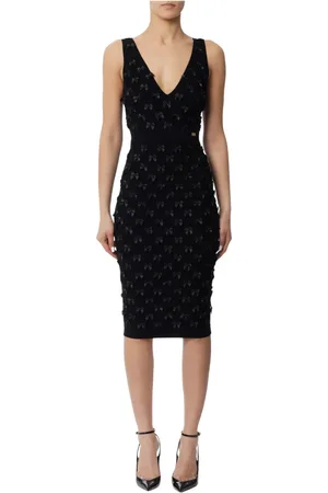 Elisabetta Franchi Kleedjes, Dames, Zwart, S, Zwarte Viscose Stretch Midi Jurk met Diamantpatroon