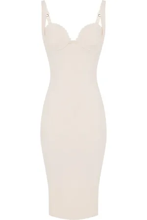 Elisabetta Franchi Kleedjes, Dames, , L, Polyester, Midi Hartvormige halslijn Jurk Boter