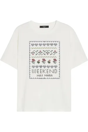 Max Mara Tops, Dames, Wit, L, Katoen, Kruissteek Print Wit T-Shirt