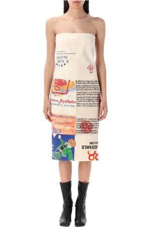 Marine Serre Kleedjes, Dames, Veelkleurig, L, Katoen, Ecru Bustier Jurk met Moon Puller
