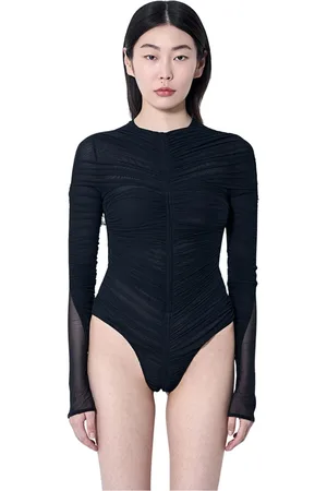 MUGLER Tops, Dames, Zwart, S, Mesh Ruched Bodysuit met Stand Collar