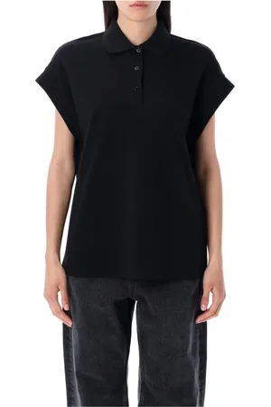 Saint Laurent Tops, Dames, Zwart, S, Leer, Zwarte Poloshirt met Vleermuismouwen