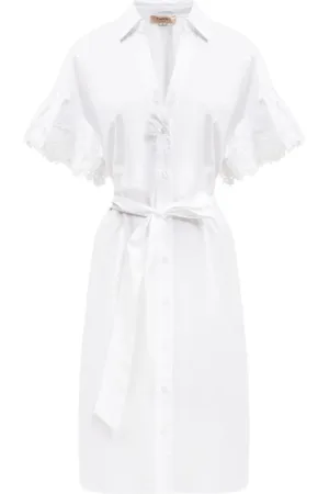 Twin-Set Kleedjes, Dames, Wit, M, Katoen, Klassieke Midi Overhemdjurk met Riem
