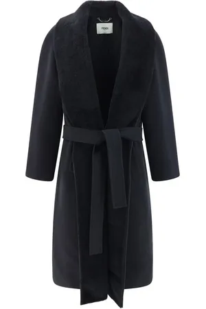 Fendi Mantels, Dames, Zwart, S, Wol, Wollen jas met lamsvacht detail