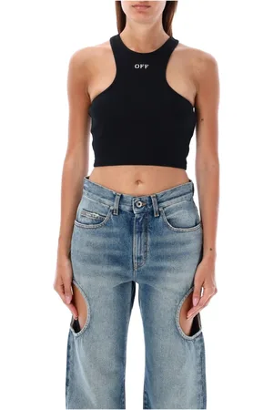 OFF-WHITE Tops, Dames, Zwart, M, Zwart Geribbelde Crop Top Aw 24