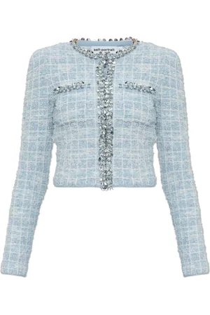 Self-Portrait Jassen, Dames, Blauw, L, Tweed, Tweed blazer met glinsterende applicaties