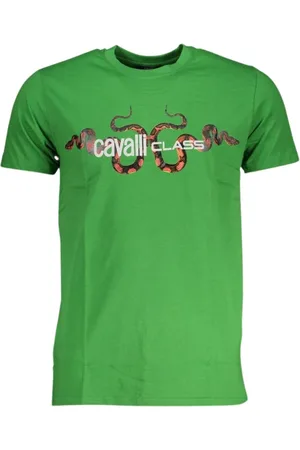 Roberto Cavalli Tops, Heren, Groen, M, Katoen, Groen Katoen Logo Print T-Shirt