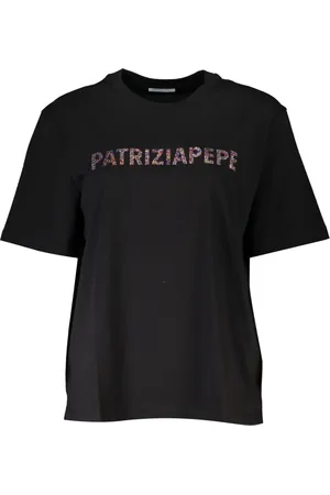 Patrizia Pepe Tops, Dames, Zwart, M, Katoen, Katoenen T-shirt met korte mouwen en strass logo