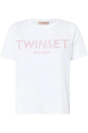 Twin-Set Tops, Dames, Wit, L, Katoen, Geborduurd T-shirt van katoen met korte mouwen