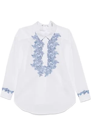 ERMANNO SCERVINO Blouses & Shirts, Dames, Wit, M, Katoen, Witte Bloemenkant Blouse met Strik