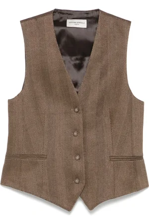 OFFICINE GENERALE Jassen, Dames, Bruin, S, Herringbone Cleo Vest in Toffee/Black