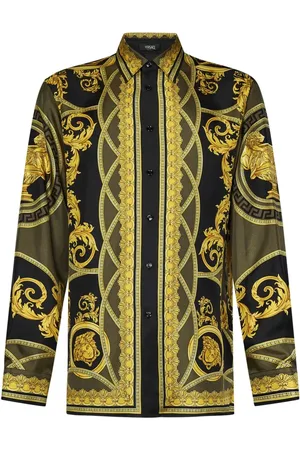 VERSACE Overhemden, Heren, Veelkleurig, S, Zwarte Barok Print Zijden Overhemd