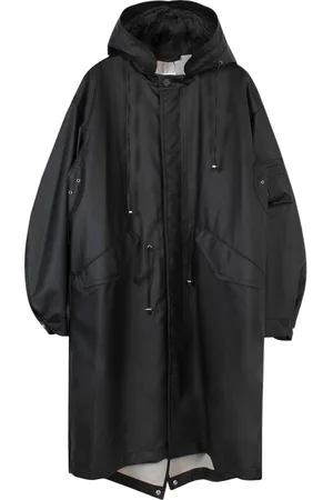 Helmut Lang Mantels, Heren, Zwart, L, Polyester, Zwarte Rubber Logo Hooded Parka